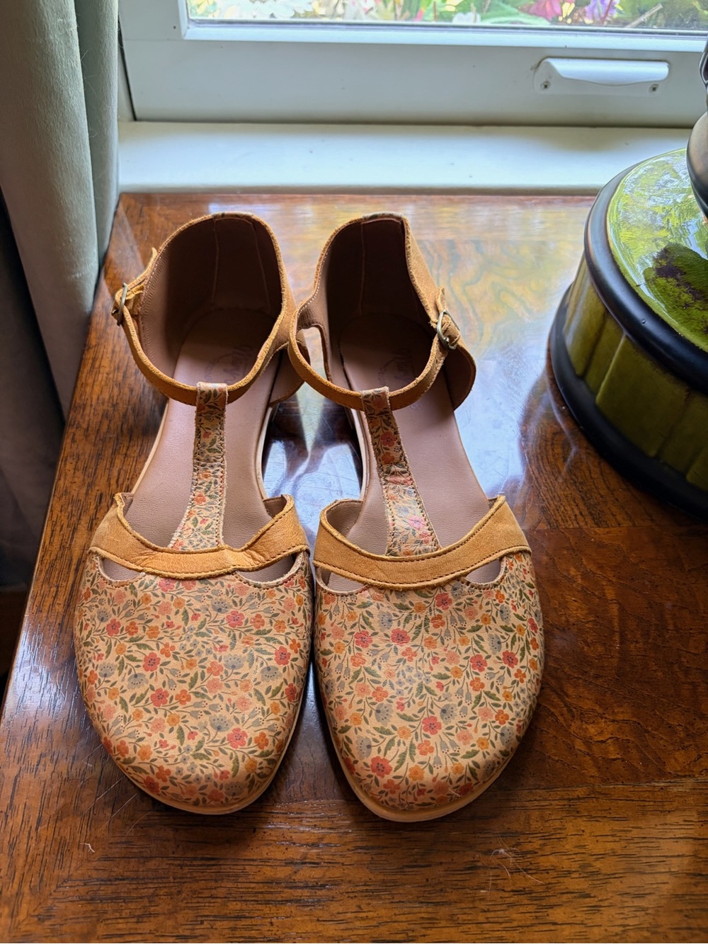 Mary Jane Floral T-Strap Flats in Tan and Multicolor Floral - Picture 1 of 4